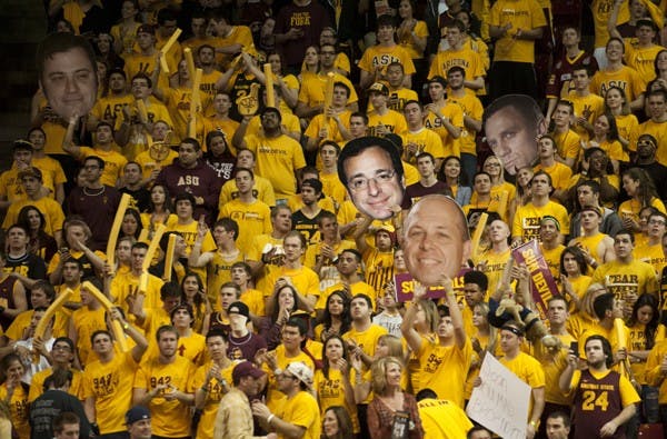 The student section at a Jan. 19 men's basketball game against UA was packed. A proposal to expand the student section and allow students to reserve tickets outside of the designated section is awaiting approval from the University. Though football is the main focus of the proposal, it may expand to include other sporting events. (Photo by Molly J. Smith)