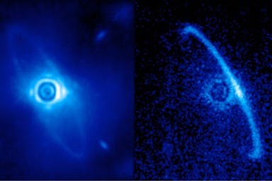 Gemini Planet Imager's first light image of the light scattered by a disk of dust orbiting the young star HR 4796A. The left image shows normal light, including both the dust ring and the residual light from the central star scattered by turbulence in the Earth's atmosphere. The right image shows only polarized light. Leftover starlight is unpolarized and hence removed from this image. (Processing by Marshall Perrin, Space Telescope Science Institute)