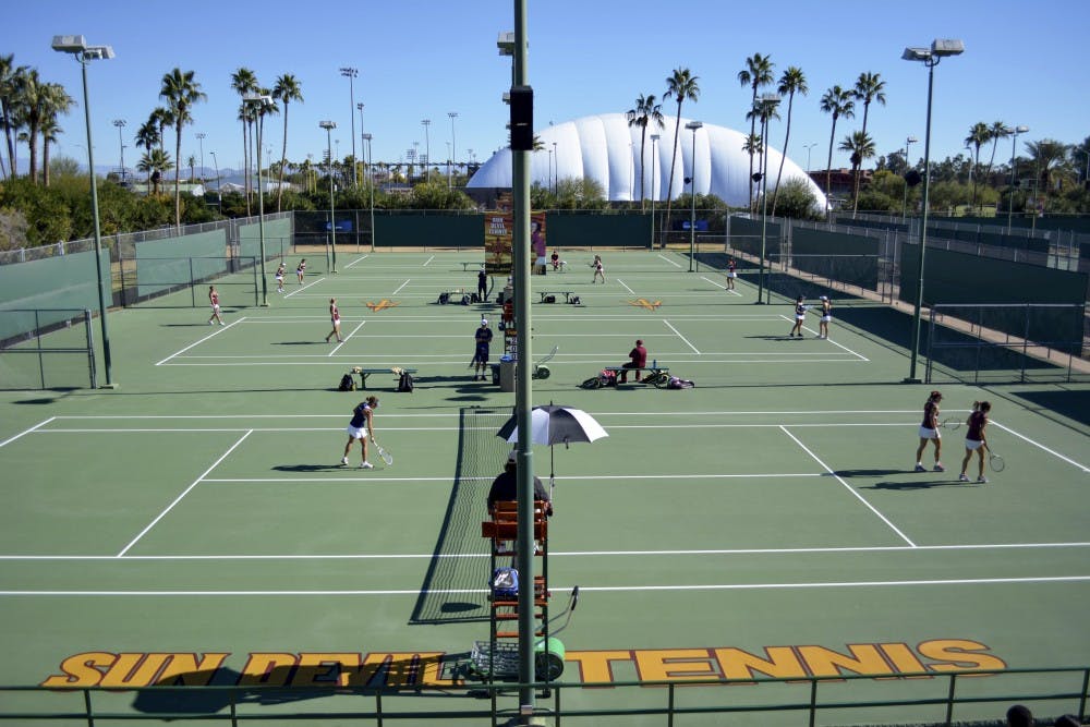 ASU opened its 2015 season against UC Davis on Saturday, Jan. 15, 2015, at Whiteman Tennis Center in Tempe. ASU was victorious in the match against UC Davis. (Krista Tillman/ The State Press)