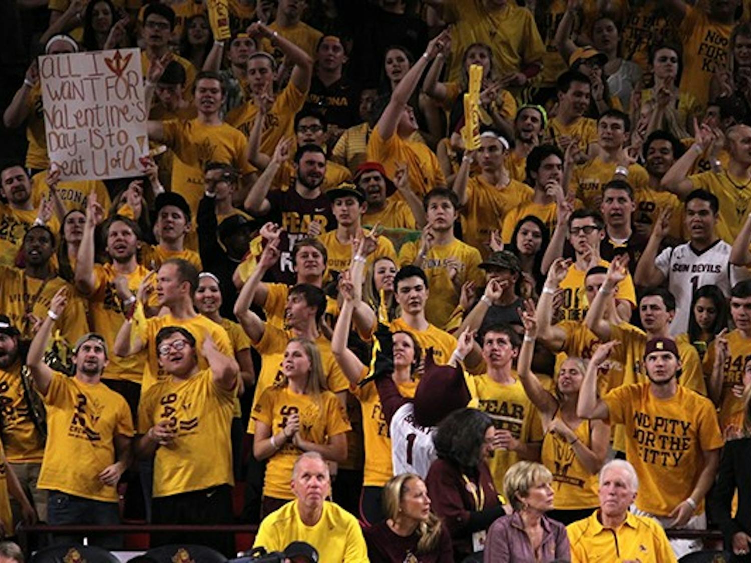 Sparky leads ASU students in a cheer at a men's basketball game on Feb. 14 against UA. (Photo by Alexis Macklin)