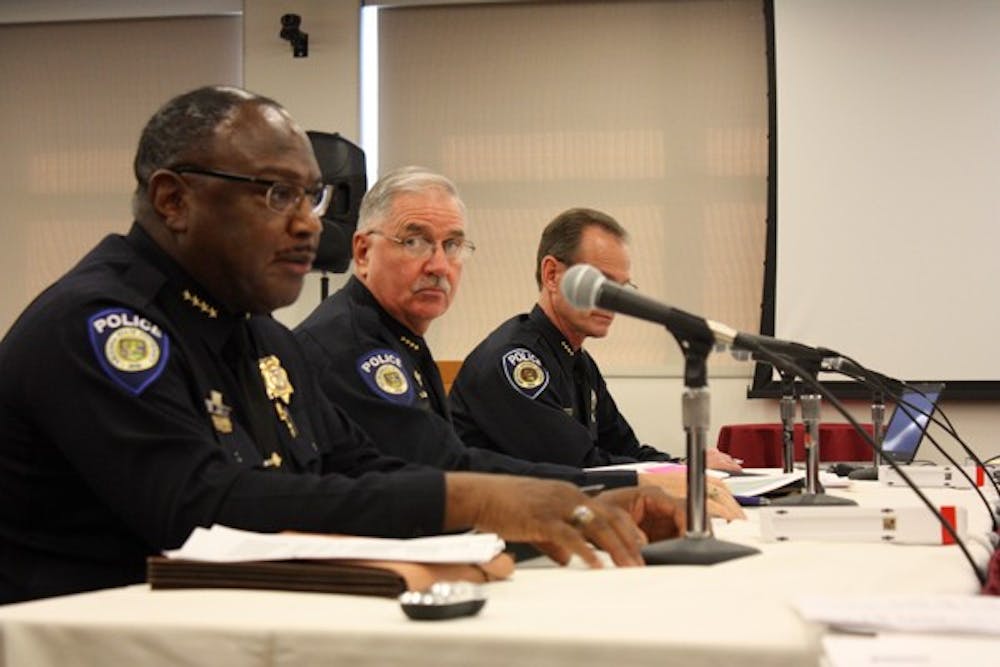 ASU Police Chief John Pickens, UA Chief of Police Anthony Daykin and NAU Police Chief Gregory Fowler addressed the Arizona Board of Regents on Thursday afternoon at the Memorial Union regarding House Bill 1474, which would allow guns on Arizona's university campuses. (Photo by Shawn Raymundo)