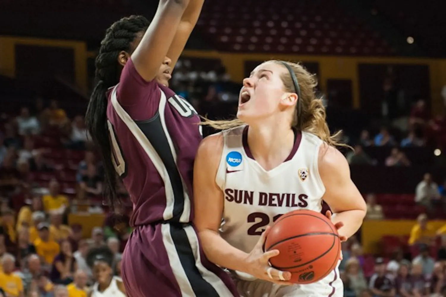 Sophomore forward Sophie Brunner goes up for a layup against UALR in the the second round of the women's NCAA Tournament on Monday, March 23, 2015, at Wells Fargo Arena in Tempe. The Sun Devils came from behind to defeat the Trojans 57-54 and advance to the Sweet 16.