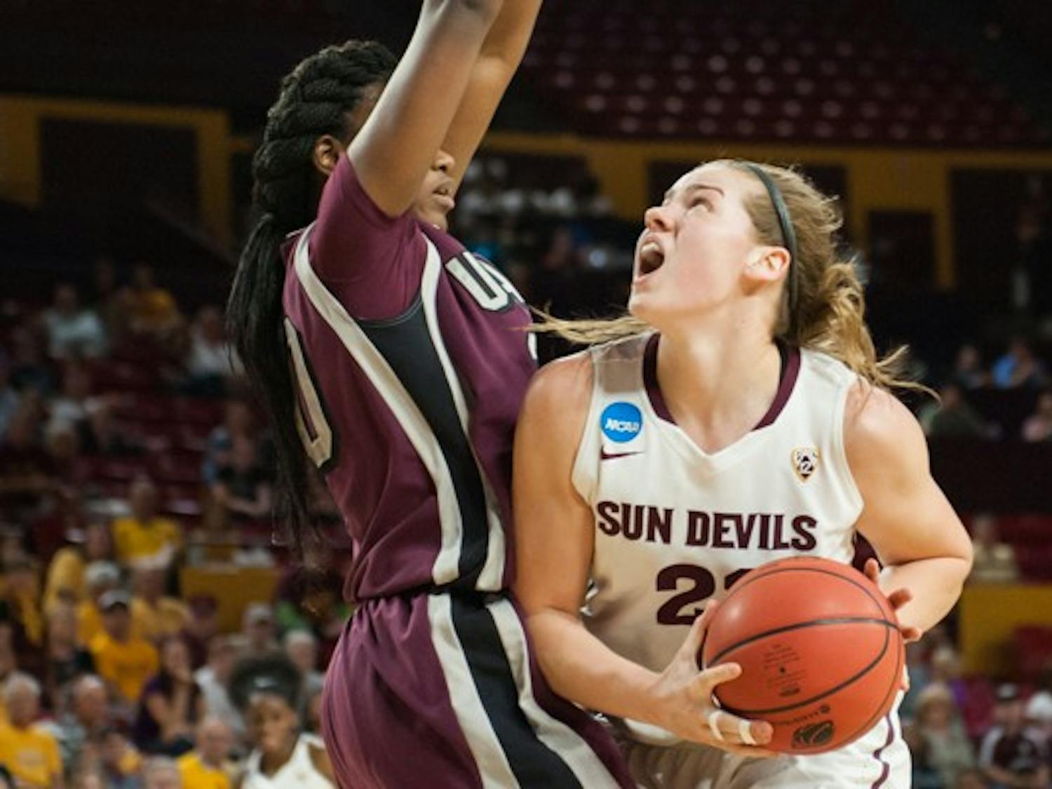 Sophomore forward Sophie Brunner goes up for a layup against UALR in the the second round of the women's NCAA Tournament on Monday, March 23, 2015, at Wells Fargo Arena in Tempe. The Sun Devils came from behind to defeat the Trojans 57-54 and advance to the Sweet 16.