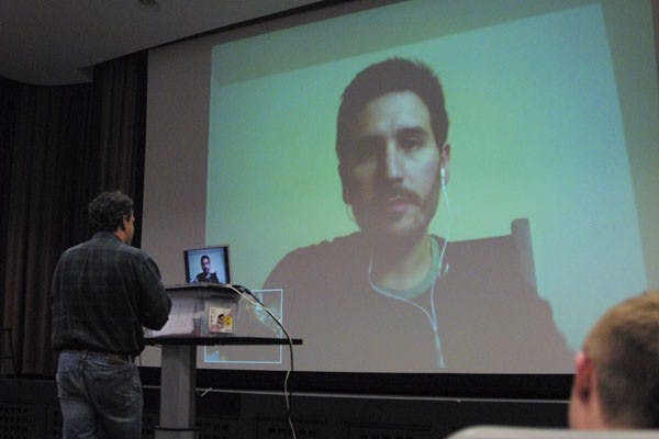 MOVIE NIGHT: Student ask director Peter Sollett questions about his film "Nick and Norah's Infinite Playlist" through Skype during the Hollywood Invades Tempe Skype series on Wednesday night at Neeb Hall. The event was put on by the ASU School of Theater and Film.(Photo by Serwaa Adu-Tutu)