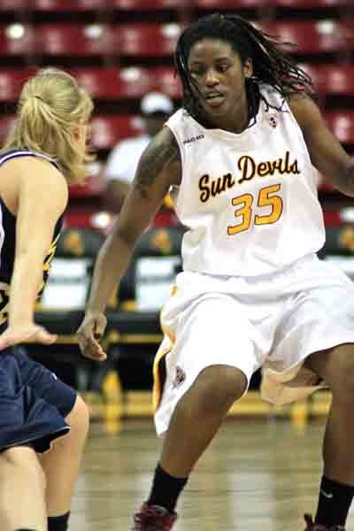 COURT VISION: Senior guard Tenaya Watson looks for a play during last Sunday's exhibition win over Fort Lewis. The ASU women's basketball team opens its season Friday against NAU before traveling to California to play UC Riverside. (Photo by Rosie Gochnour)