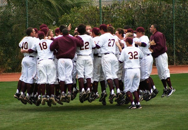 The ASU baseball team rallies together before a game against New Mexico on Feb. 20, 2011. The Sun Devils' goal is to be the No. 1 team in the country although they cannot go to the postseason. (Photo by Lisa Bartoli)