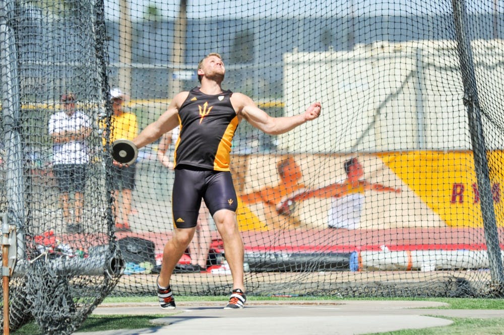 Junior Kyle Long throws the discuss&nbsp;for ASU track and field&nbsp;at the 2016 Baldy Castillo Invitational at Sun Angel Stadium in Tempe, Arizona on Saturday,&nbsp;March 19, 2016.