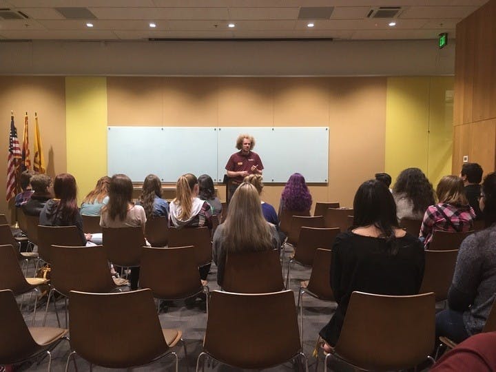 Vice President of Policy for USGD, Jimmy Arwood, speaking to students at the Tuition Town Hall