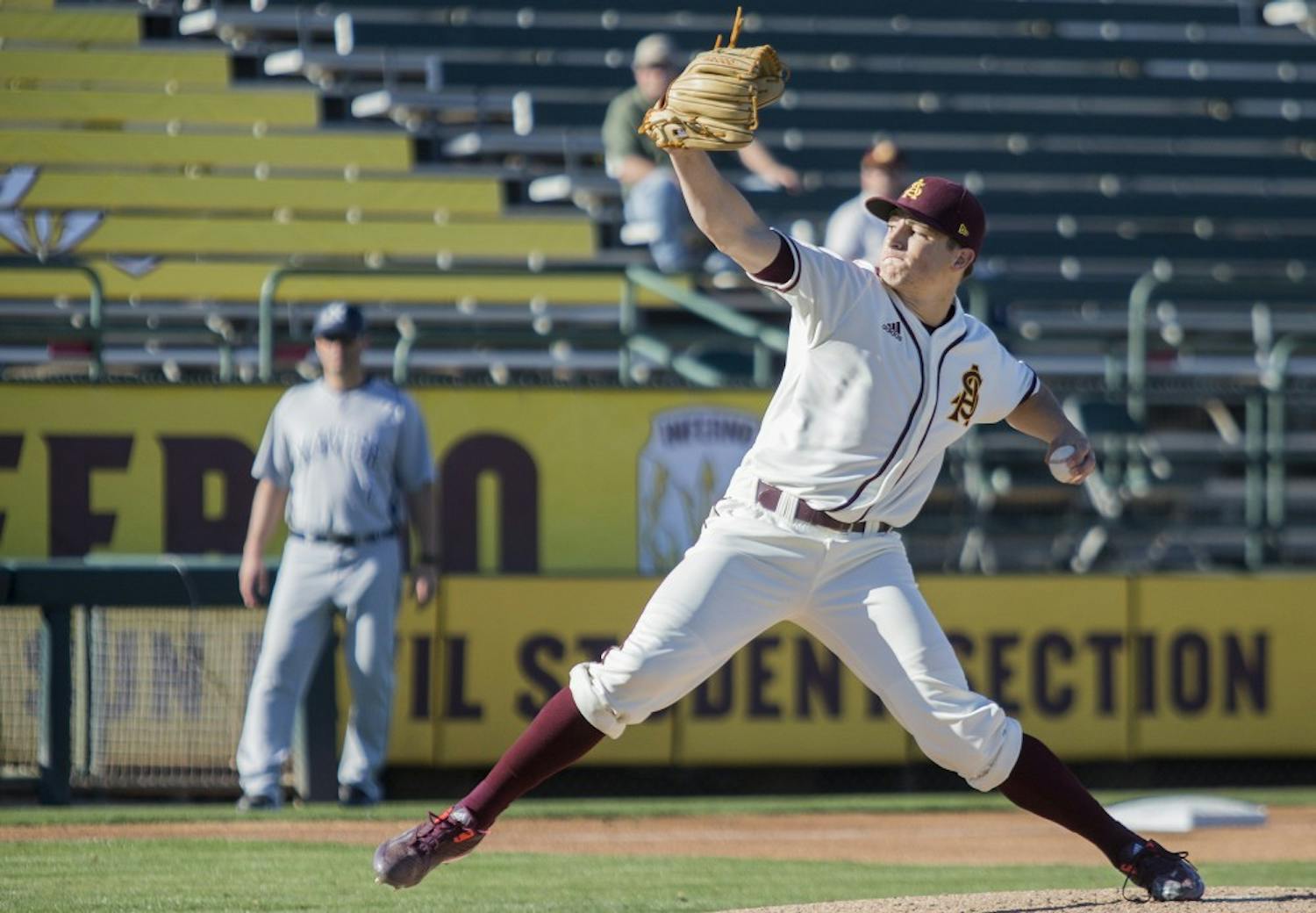 Sophomore pitcher Eli Lingos pitches during the second of two games against Xavier at Phoenix Municipal Stadium on Saturday, Feb. 20, 2016. The Sun Devils won the matchup, 8-2.  