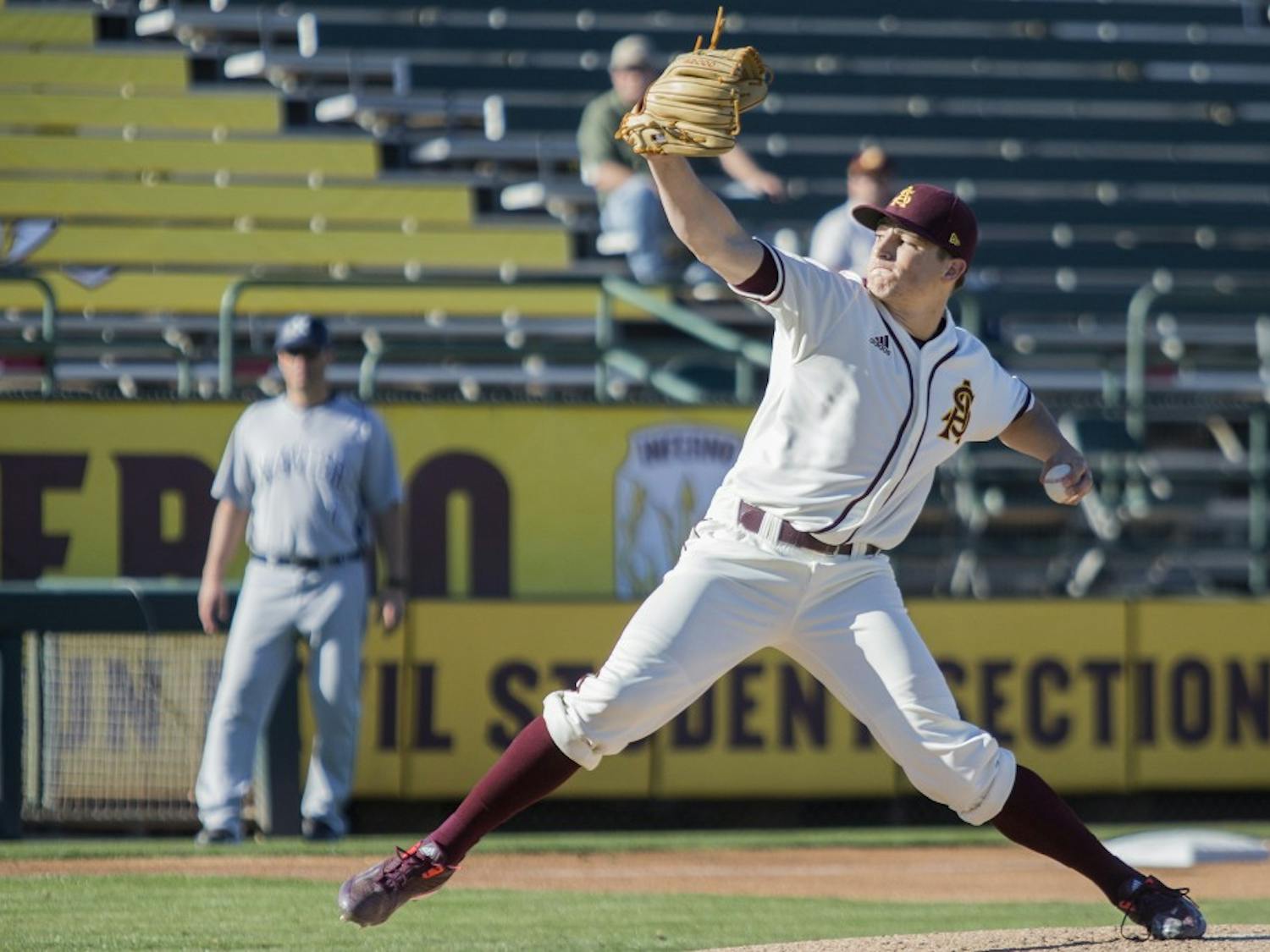 Sophomore pitcher Eli Lingos pitches during the second of two games against Xavier at Phoenix Municipal Stadium on Saturday, Feb. 20, 2016. The Sun Devils won the matchup, 8-2.  
