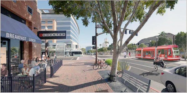 A rendering shows what the future Tempe streetcar will look like running down Mill Avenue. (Photo courtesy of Valley Metro)