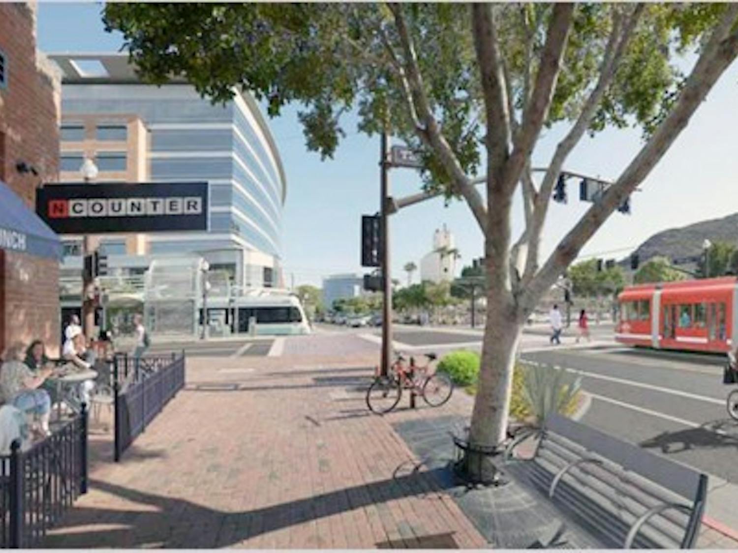 A rendering shows what the future Tempe streetcar will look like running down Mill Avenue. (Photo courtesy of Valley Metro)