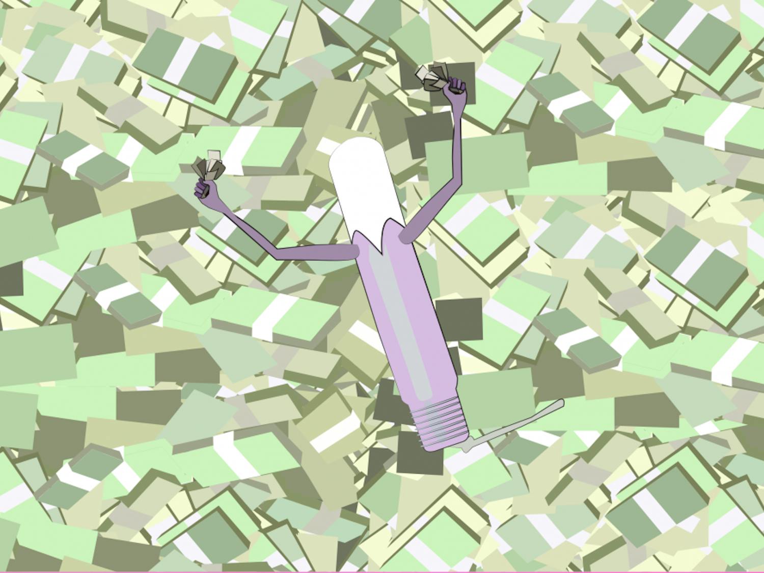 A tampon in a bed of money, illustration drawn on Monday, Oct. 3, 2016. 
