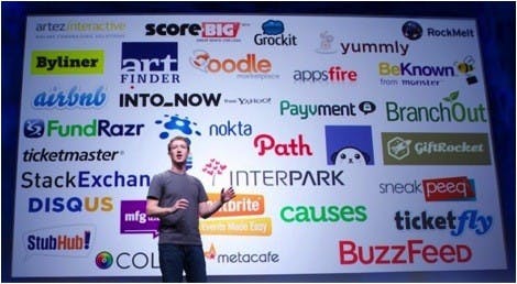 Mark Zuckerberg presents about the Open Graph and its app partners. Photo from TechCrunch.