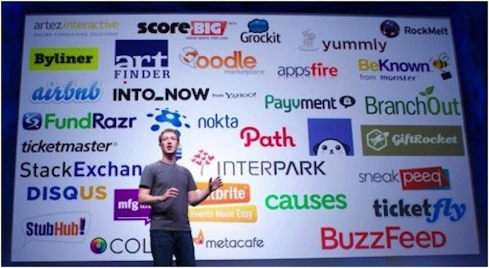 Mark Zuckerberg presents about the Open Graph and its app partners. Photo from TechCrunch.
