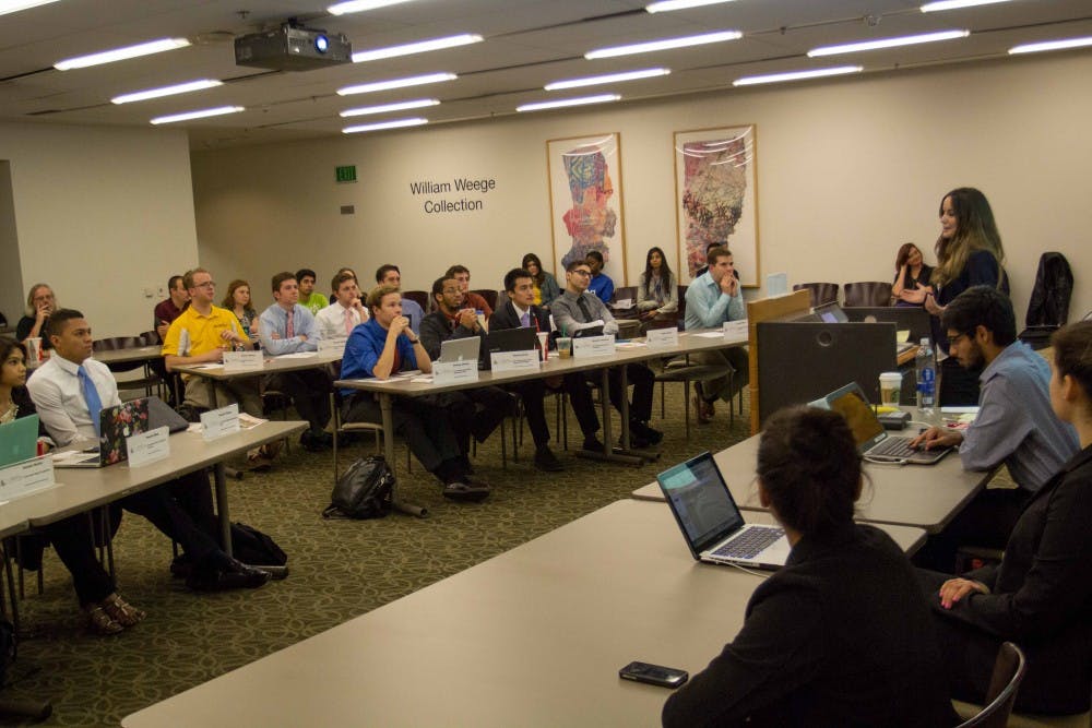 Veronica Aguilar adresses the Undergraduate Student Government on Jan. 13 in Tempe. Aguilar discussed federal employment prospects for alumni of the program during the first USG meeting of the spring semester. (Jonathan Galan/The State Press)