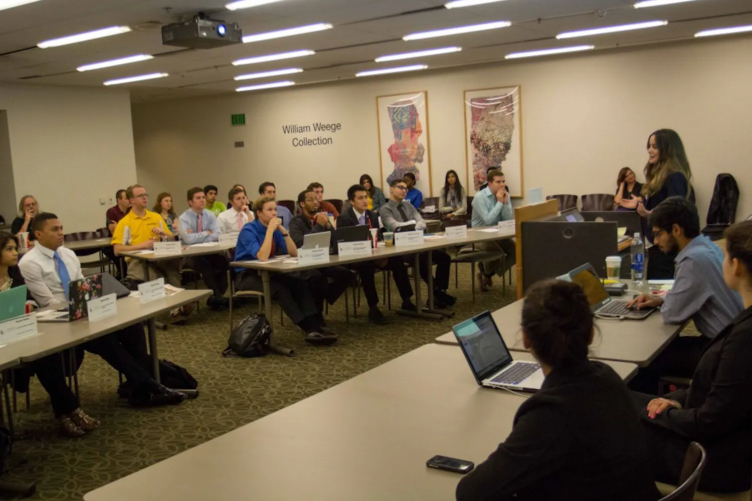 Veronica Aguilar adresses the Undergraduate Student Government on Jan. 13 in Tempe. Aguilar discussed federal employment prospects for alumni of the program during the first USG meeting of the spring semester. (Jonathan Galan/The State Press)