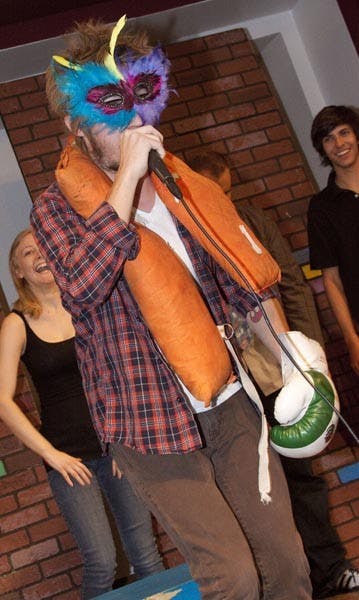 IN THE BIG LEAGUES: Ty Thursby, of The ASU Comedy Troupe, Barren Mind, performed their final show for the semester last Thursday in the MU. The troupe is off to Chicago to compete in the national tournament early next year. (Photo by Annie Wechter)