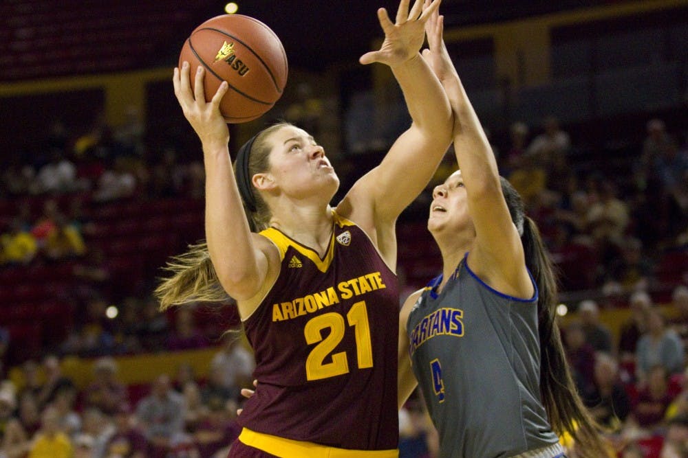 ASU senior forward Sophie Brunner (21) goes up for a layup in a 82-37 victory over the San Jose State Spartans in Wells Fargo Arena in Tempe, Arizona, on Sunday, Nov. 13, 2016.