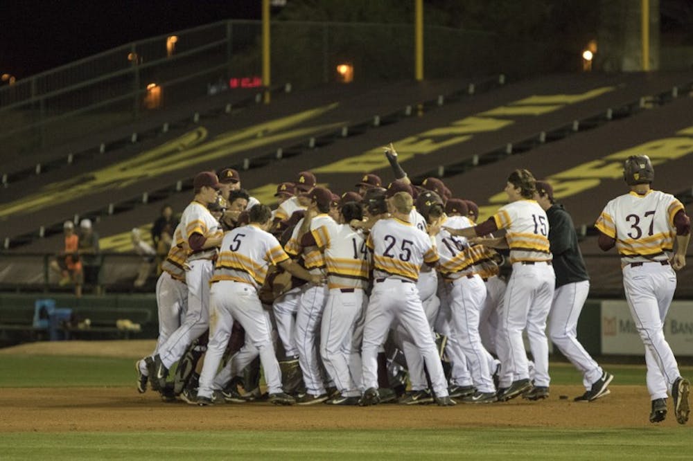 Arizona State defeats Oregon State after a walk-off single by Sophomore Brian Serven at Phoenix Municipal Stadium on Saturday March 14, 2015. The Sun Devils defeated the Beavers 4-3. (Jacob Stanek/ The State Press)