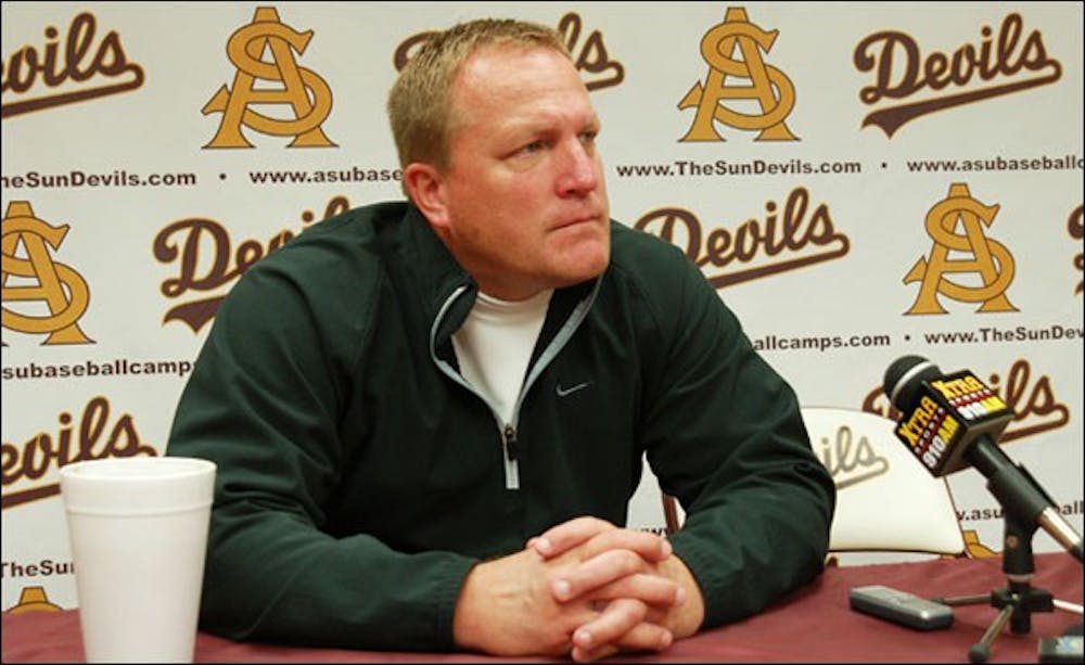 UNDER FIRE: Former ASU baseball coach Pat Murphy addresses the media in Tempe last spring. The baseball program was sanctioned Wednesday for alleged violations during Murphy’s tenure. (Photo by Serwaa Adu-Tutu)