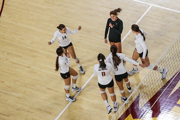 The Sun Devils celebrate after scoring at a home game in Tempe. ASU has won 3 straight games as of late, ending their losing streak from earlier this season. (Photo by Arianna Grainey)