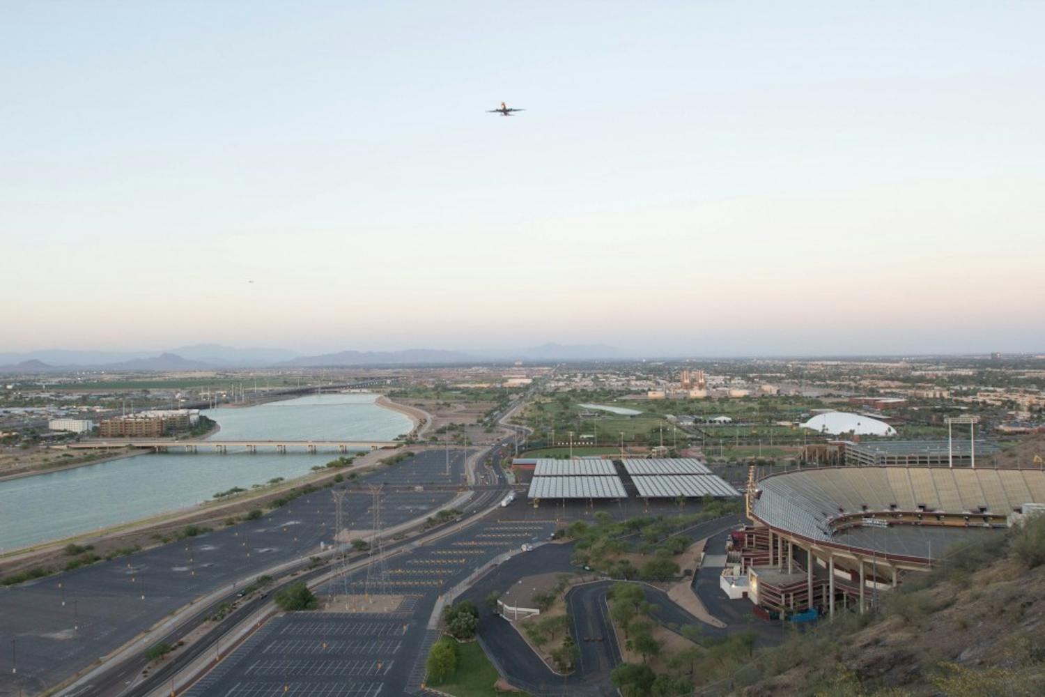 A view of Lot 59 from “A” Mountain. State Farm plans to build their newest headquarters on this parking lot, facing Tempe Town Lake. (photo by Dominic Valente.)
