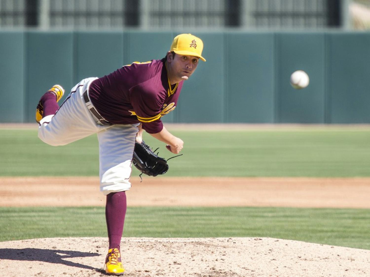 Junior pitcher Seth Martinez pitches during a game against Xavier at Phoenix Municipal Stadium on Saturday, Feb. 20, 2016. The Sun Devils won the matchup, 2-1.  