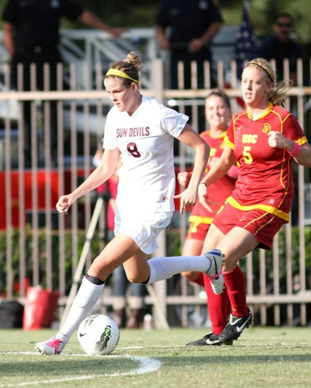 FENCED OFF: Sophomore forward Devin Marshall dribbles the ball downfield during the Sun Devils’ 2-1 overtime loss to the Trojans. ASU was eliminated from playoff contention after losing to UCLA and USC over the weekend. (Photo courtesy of Steve Rodriguez)
