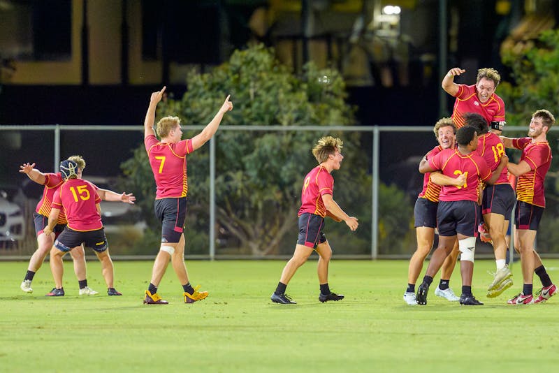 Members of the Men's Rugby Club at Arizona State celebrate at a game against San Jose State on April 11, 2026, in Tempe.