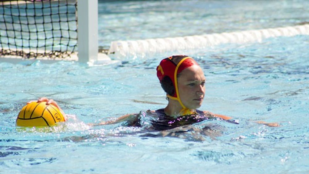 Redshirt freshman goalie E.B. Keeve looks for an open teammate against UCLA on March 2. Keeve and the rest of the No. 3 ASU water polo team have tough opponent this week in No. 2 Stanford. (Photo by Ana Ramirez)