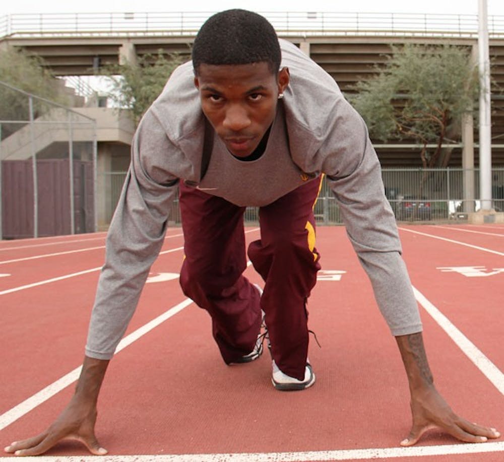 Redshirt sophomore Devan Spann lines up on the starting blocks for a sprint during an ASU track practice on Thursday. (Photo by Master Tesfatsion)