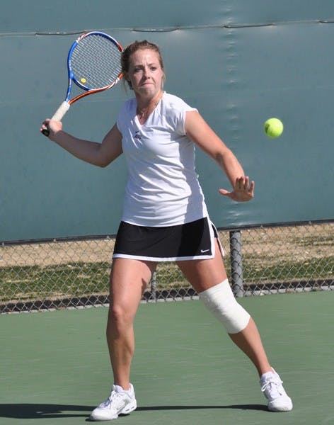 Cardinal Wall: ASU sophomore Hannah James winds up for the forehand against Iowa State on Jan. 21 in Tempe. Members of the Stanford squad knocked three different Sun Devils out of the Pac-10 Championships. (Photo by Sierra Smith)