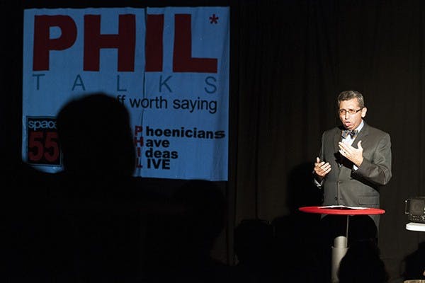 Host Tim Eigo, introduces actors and comedians satirically performing informational speeches.  Space 55 in downtown Phoenix hosts the first PHIL Talk, Phoenix Has Ideas LIVE, a comical parody of TED Talks. (Photo by Mario Mendez)