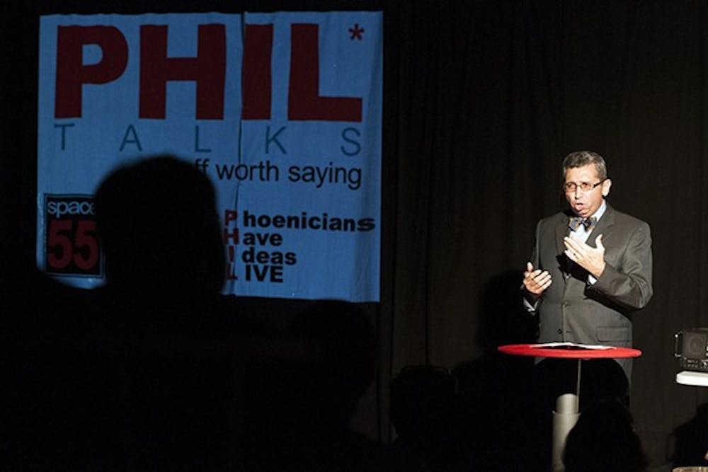 Host Tim Eigo, introduces actors and comedians satirically performing informational speeches.  Space 55 in downtown Phoenix hosts the first PHIL Talk, Phoenix Has Ideas LIVE, a comical parody of TED Talks. (Photo by Mario Mendez)