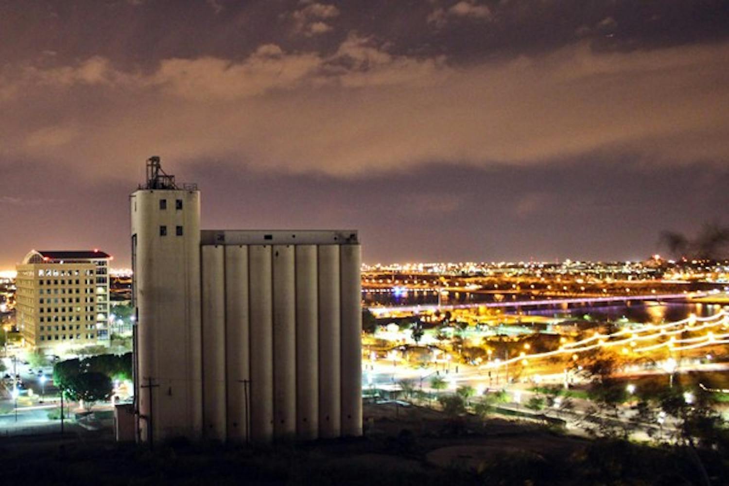 Dusk falls around Tempe’s Hayden Flour Mill on Feb. 16. The mill is currently undergoing renovations to become a public venue. (Photo by Marissa Krings)