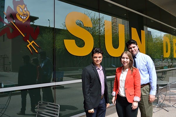 (Left to right) Public service and public policy senior Josue Macias, psychology sophomore Ashley Brennan and nonprofit organization management junior Stephen Calderon are preparing to set up a Not-Profit Organization called Local Exchange Global Exchange. (Photo by Axel Everitt)