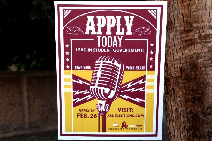 A sign on the Tempe campus pictured on Wednesday, Feb. 24, 2016, encourages students to apply for Undergraduate Student Government positions for the upcoming elections. 
