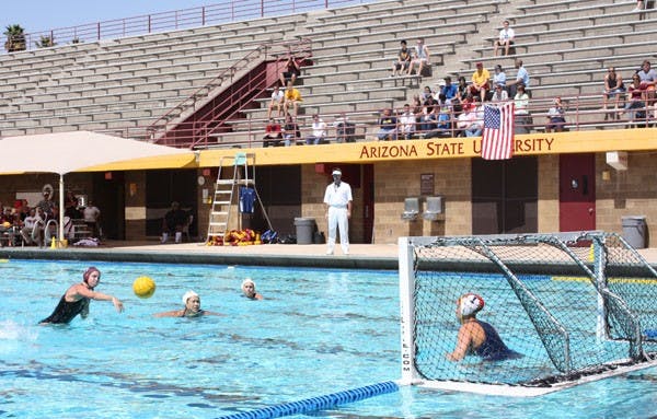 ON TARGET: ASU junior attacker Sarah Harris fires a shot during the Sun Devils’ 14-11 loss to No. 3 California on Saturday at the Mona Plummer Aquatic Center. (Photo by Jessica Weisel)