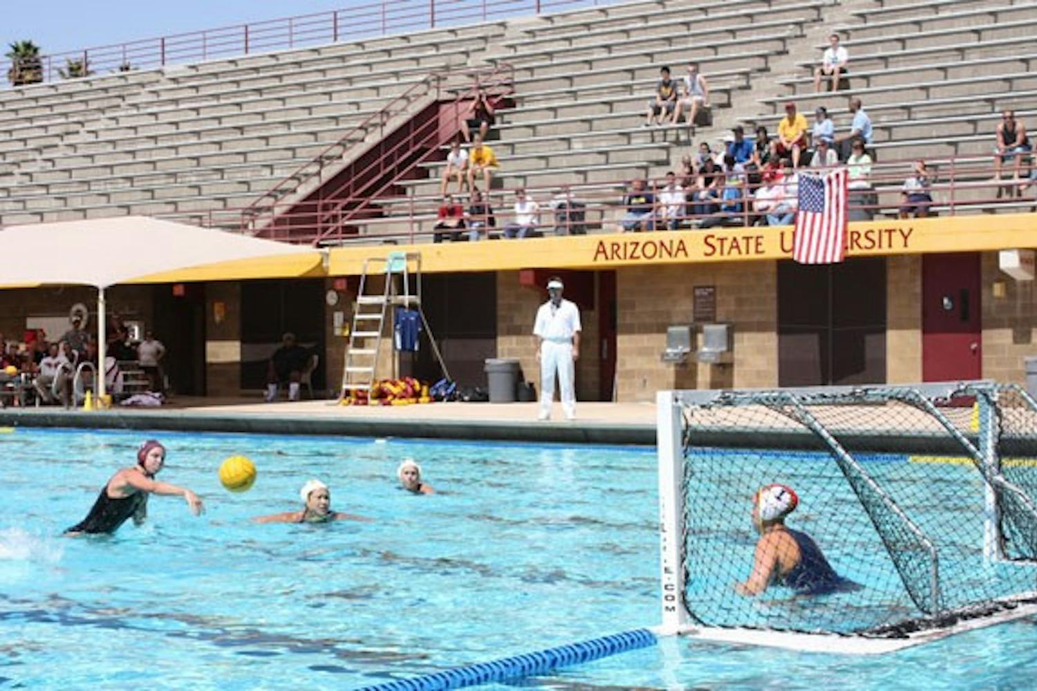ON TARGET: ASU junior attacker Sarah Harris fires a shot during the Sun Devils’ 14-11 loss to No. 3 California on Saturday at the Mona Plummer Aquatic Center. (Photo by Jessica Weisel)