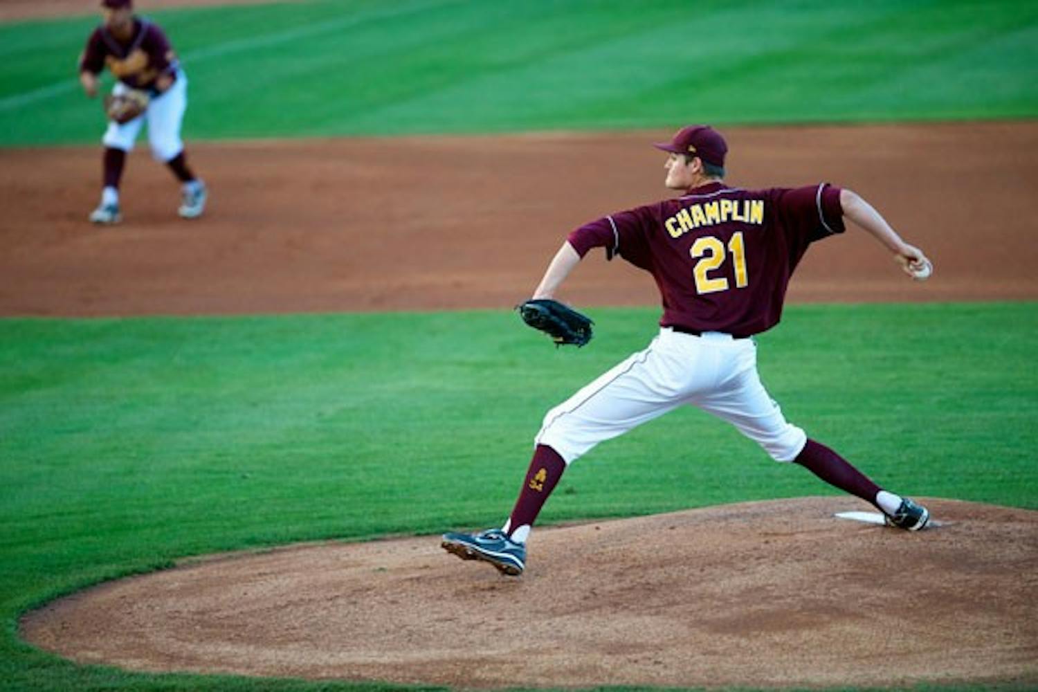 Marathon: ASU junior pitcher Kramer Champlin delivers a pitch against Oregon on April 2 in Tempe. Champlin is set to start the second game of the series against Cal on Friday after a long, 17-inning game against the Golden Bears on Thursday. (Photo by Michael Arellano)