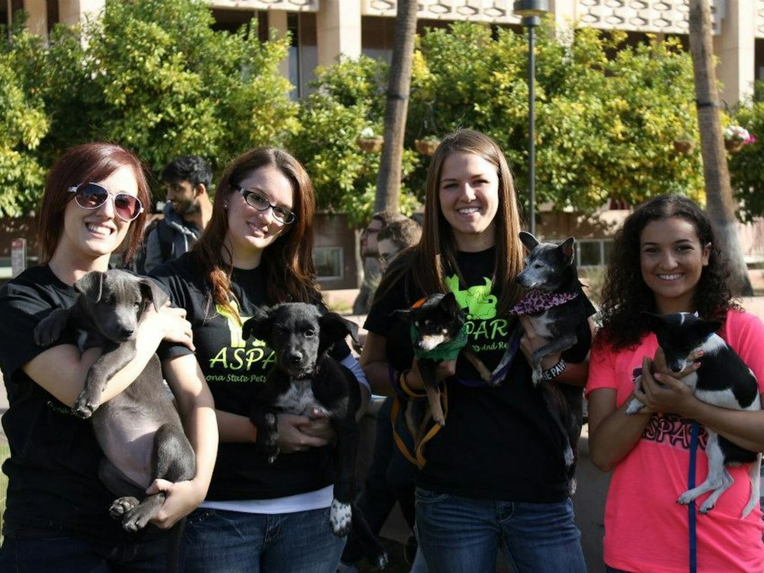 RAWR, a club at ASU, aims to connect students to volunteer opportunities and help find good homes for animals in need. ASU graduates Kyrie Martin, Melody Kauffman, Megan Budday and senior Melissa Jordan pose at the 'Paws your Finals Stress' event near Hayden Library in Tempe in 2012.