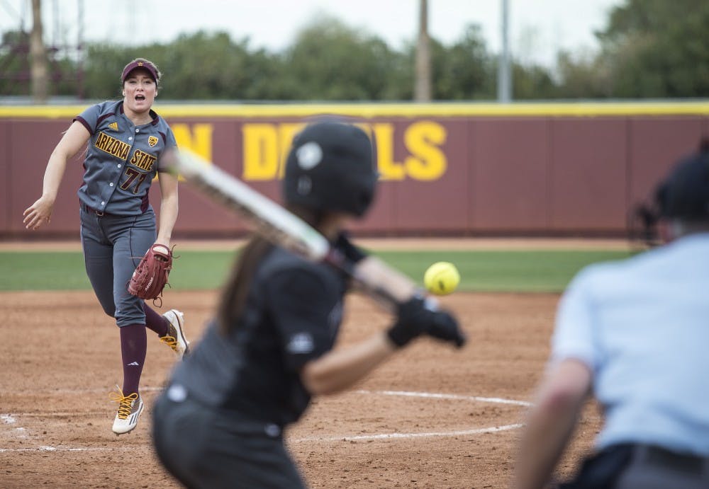Sophomore pitcher Dale Ryndak pitches during a game against Portland State at Alberta B. Farrington Softball Stadium in Tempe, Arizona, on Sunday, Feb. 14, 2016. The Sun Devils won the game, 7-1.