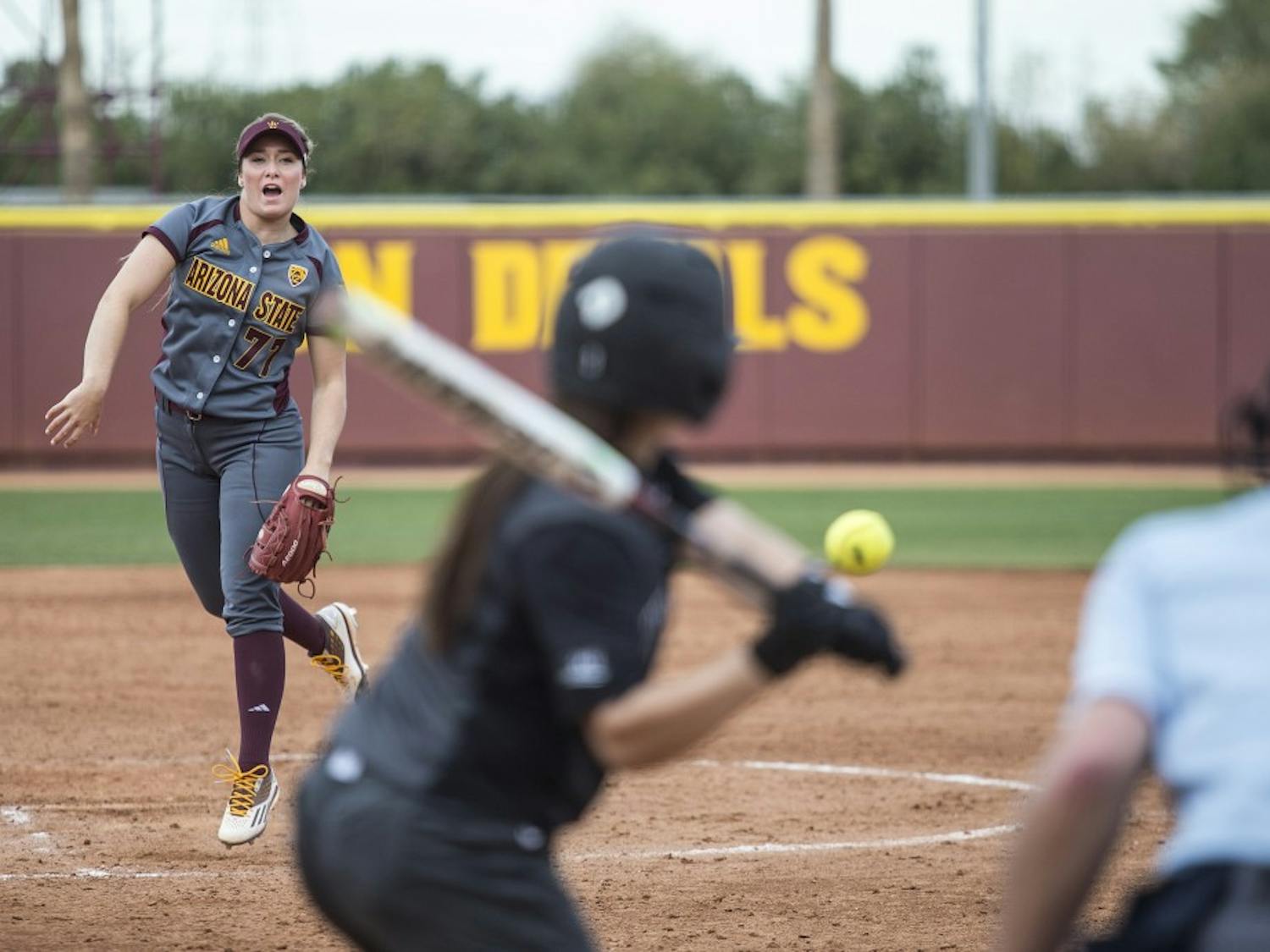 Sophomore pitcher Dale Ryndak pitches during a game against Portland State at Alberta B. Farrington Softball Stadium in Tempe, Arizona, on Sunday, Feb. 14, 2016. The Sun Devils won the game, 7-1.