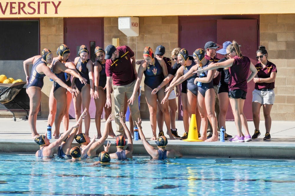 The ASU water polo team breaks from the huddle between periods during the match against&nbsp;University of Pacific on Sunday, March 20, 2016 at the Mona Plummer Aquatic Complex in Tempe, AZ. ASU water polo won 5-3.