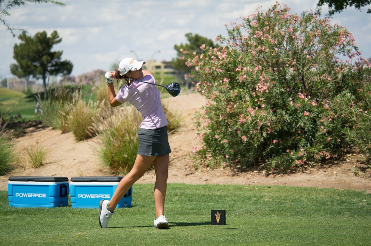Roberta Liti tees off from the 5th tee box on Friday, April 8, 2016 during the 2016 Ping ASU Invitational at Karsten Golf Course in Tempe, Arizona.
