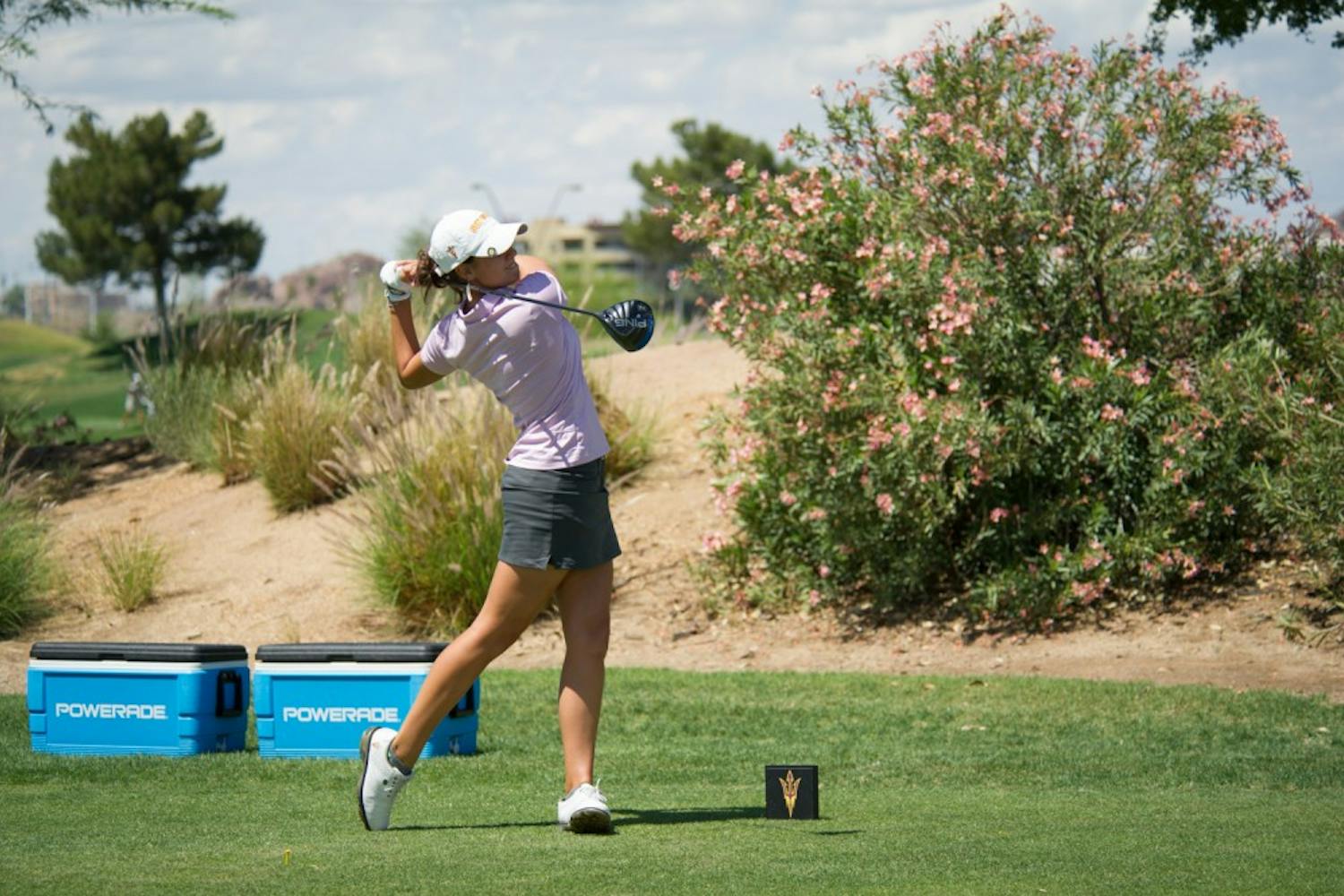 Roberta Liti tees off from the 5th tee box on Friday, April 8, 2016 during the 2016 Ping ASU Invitational at Karsten Golf Course in Tempe, Arizona.