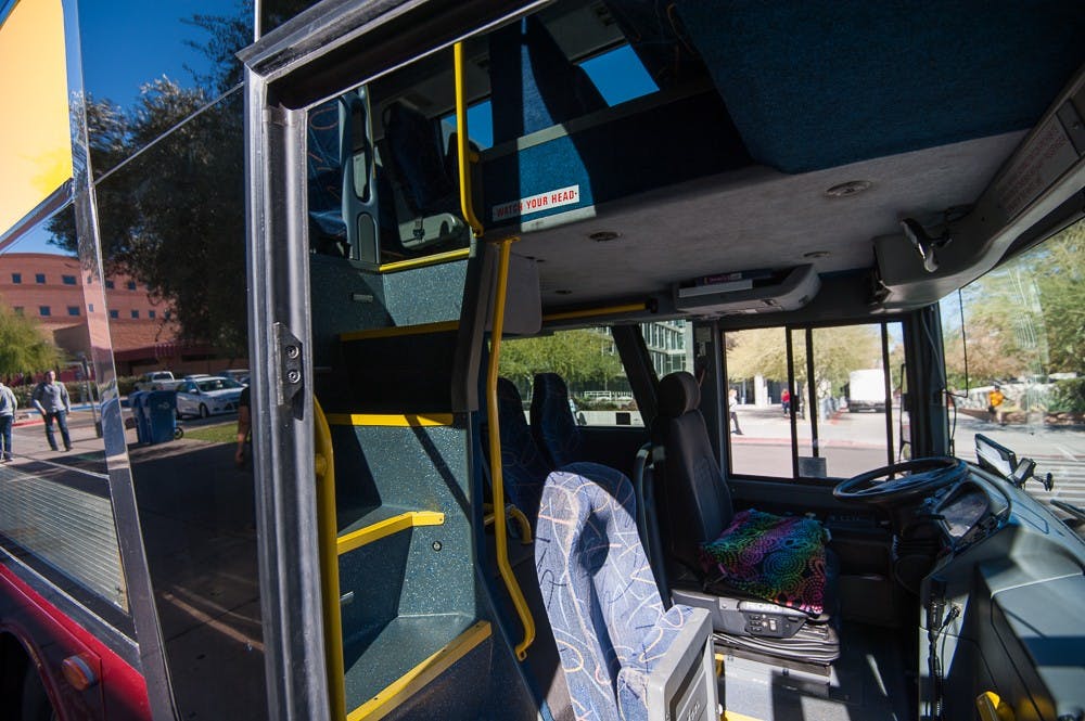 A double-decker shuttle bus is pictured on Tuesday, Dec. 1, 2015, on the Tempe campus. ASU recently announced a partnership with Divine Transportation to provide upgraded intercampus shuttles starting on Jan. 11, 2016.