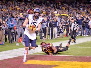 Freshman David Sills, in at&nbsp;wide receiver,  scores WVU's final touchdown during the 2016 Motel 6 Cactus Bowl. The Mountaineers wins over ASU 43 - 42 at Chase Field in Phoenix, AZ.