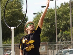 Nick Worthington leaps during the Tempe Brawl Quidditch tournament on Oct. 17, 2015, at Jaycee Park in Tempe, Arizona. 